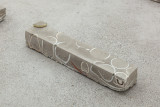 Javier Carro Temboury, <em>Café Transversal III</em>, 2024, Ceramic cups and dishes, coffee leftovers, cast in concrete then sliced; Wooden table, sliced – Thumbnail preview