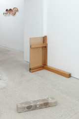 Javier Carro Temboury, <em>Café Transversal III</em>, 2024, Ceramic cups and dishes, coffee leftovers, cast in concrete then sliced; Wooden table, sliced – Thumbnail preview