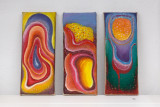 Marianne Vlaschits, <em>Torch, Puddle, </em>and <em>Breakfast, </em>all 2024, Arcylics and oil on burlap, 25x10cm – Thumbnail preview