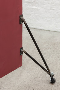Nicolas Jasmin, <em>Paravent (sunset red)</em>, 2025 (Detail), Wood frame, plaster board, paint, metal, rubber wheels, 348 x 192 x 46 cm – Thumbnail preview