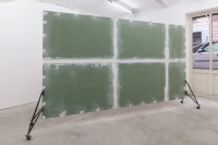 Nicolas Jasmin, <em>Paravent (sunset red)</em>, 2025, Wood frame, plaster board, paint, metal, rubber wheels, 348 x 192 x 46 cm – Thumbnail preview