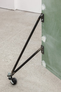 Nicolas Jasmin, <em>Paravent (sunset red)</em>, 2025 (Detail), Wood frame, plaster board, paint, metal, rubber wheels, 348 x 192 x 46 cm – Thumbnail preview